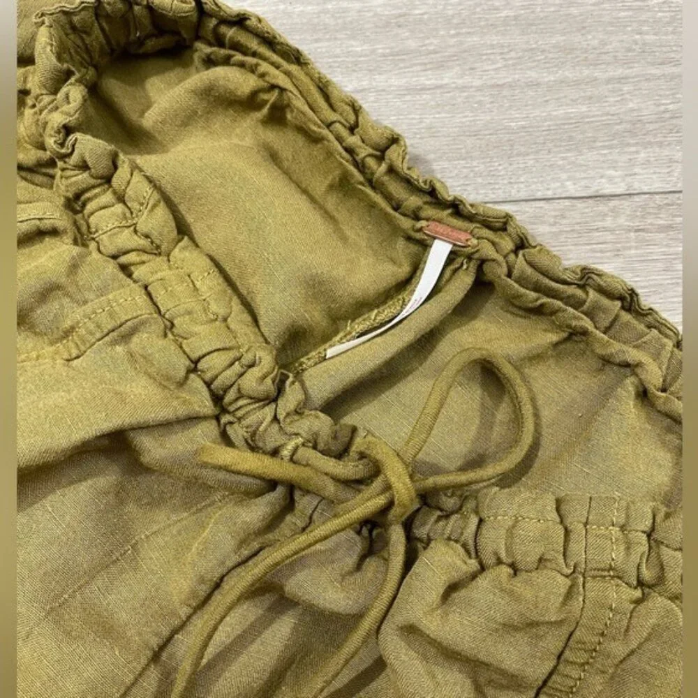 Free People Mirella Linen & Cotton Drawstring Shorts in Olive‎ Green Size S